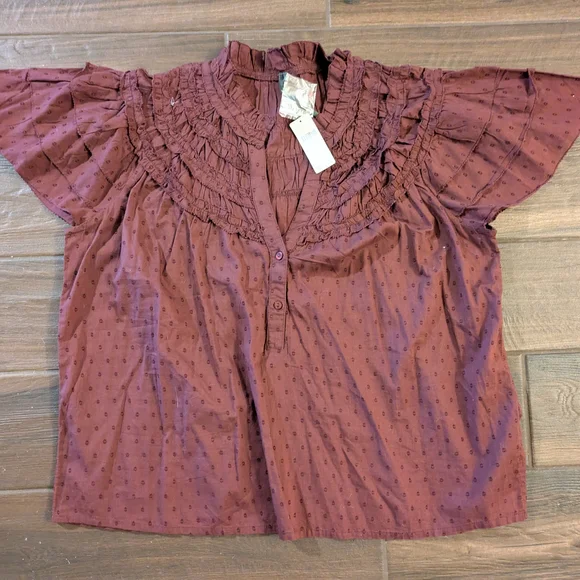 Anthropologie Burgundy Flutter Sleeve Blouse with Mandarin Collar - Picture 1 of 4
